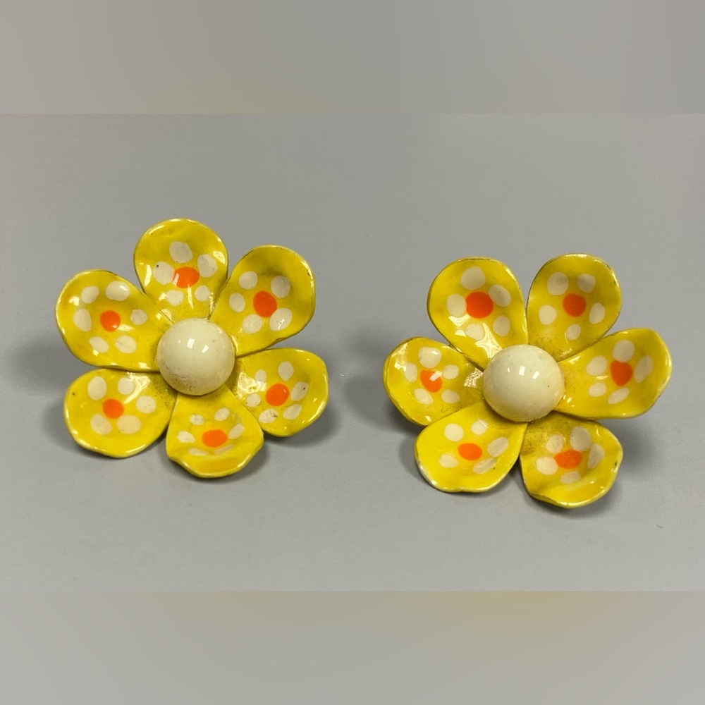 Vintage Yellow Floral Clip Earrings- Signed West Germany